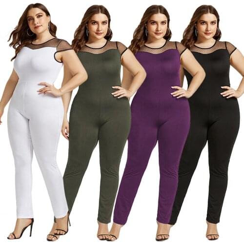 Large Size High Stretch Casual Women Summer Jumpsuit Short Sleeve Mesh Patchwork Sexy Women Jumpsuit Romper Black White Femme