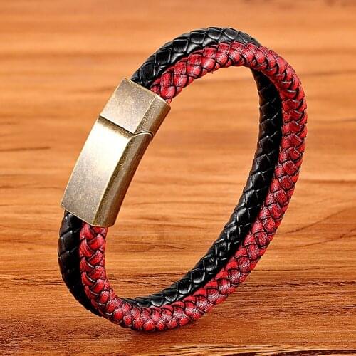 TYO 6 Color Mens Women Luxury Two Layers Braid Genuine Leather Bracelet Stainless Steel Metal Retro Magnetic Clasp