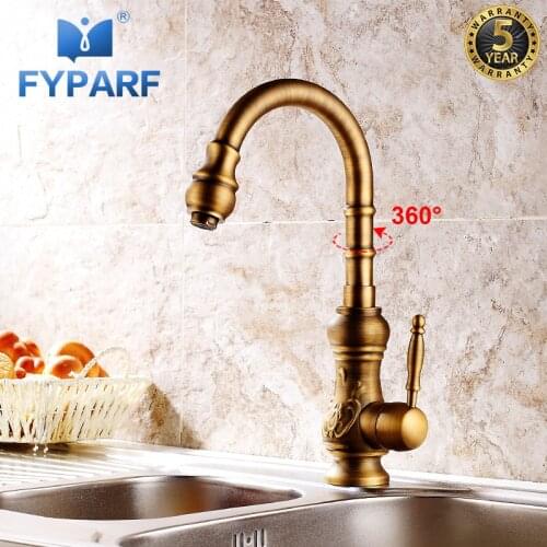 FYPARF Vintage Kitchen Mixer Faucet 360 Degree Swivel Antique Brass Art Carved Kitchen Water Tap Hot Cold Crane Antique Faucets