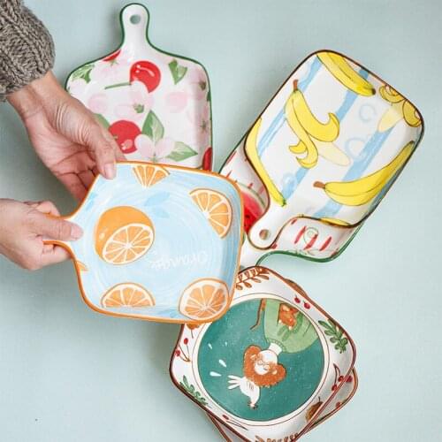 JSWORK Ceramic Plates Trays Dessert Dishes Cake Bandeja Postres Fruit Cute Flower Dinnerware Tableware Handle Kitchen