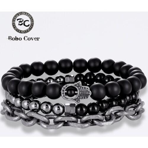 Classic 3pcs in 1Set Lava Stone Iron Chain Strand Bracelet Men Cross Dumbbell Black Hematite Yoga Charm Bangles Homme Buddha
