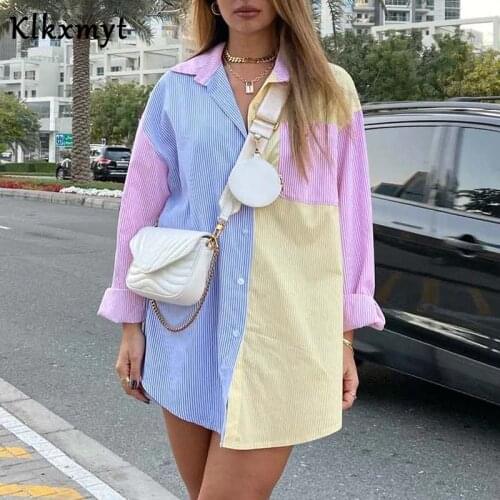 Klkxmyt Za 2021 Women Fashion Contrast Color Striped Print Smock Blouse Office Ladies Breasted Casual Shirts Chic Blusas Tops