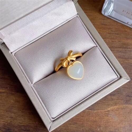 S925 Sterling Silver Gilding Inlaid Natural Hetian Jade Heart-Shaped Bow Open Ring Simple Birthday Gift for Girlfriend