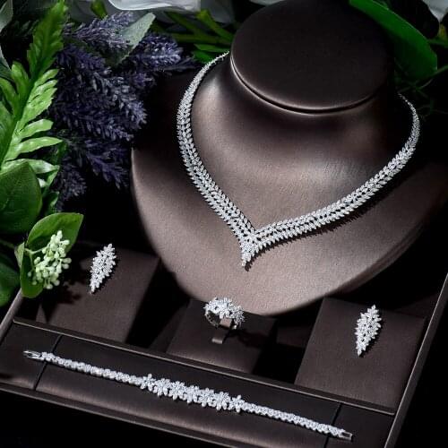 HIBRIDE Fashion 4pcs Cubic Necklace and Earring Set Geometric Design Women Bridal Wedding Jewelry Set Formal Occasion N-236