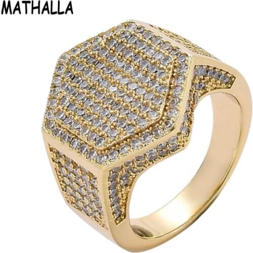 Newest 2019 Hiphop Jewelry Micro Paved Zircon Hexagon Ring Iced Out CZ Stone Ring Anillo Bague Gold Mens Jewelry Homme