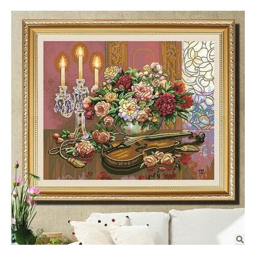 Embroidery Package Hot Sell Best Quality Cross Stitch Kits Violin with Flower Free Shipping