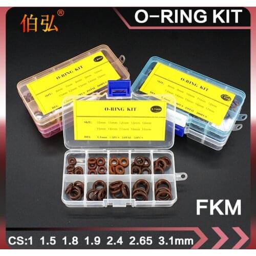 FKM O Ring Kit Assortment Thickness 1/1.5 / 1.9 / 2.4 / 3.1mm Fluororubber Gasket Sealing Ring Set