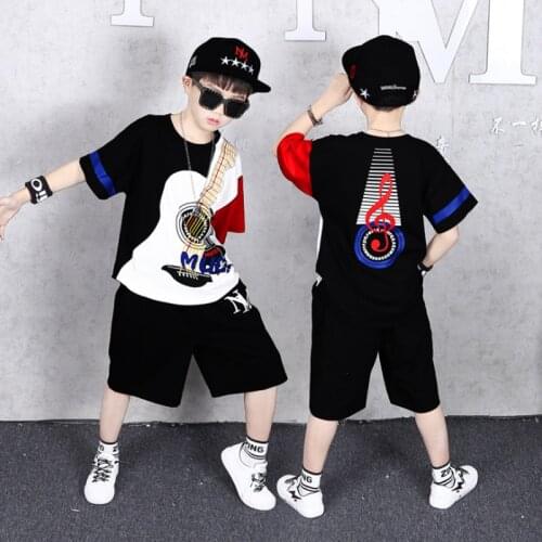 2020 NEW Summer Boys Hip Hop Clothes Sets Dancing Children Clothing Kids Short Two Piece Set Music guitar print Set Size 3-14Y
