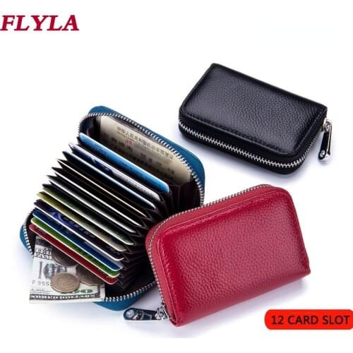 New Fashion Genuine Leather Card Holder Women Organ Zipper Mens Cowhide Rfid Leather Card Holder