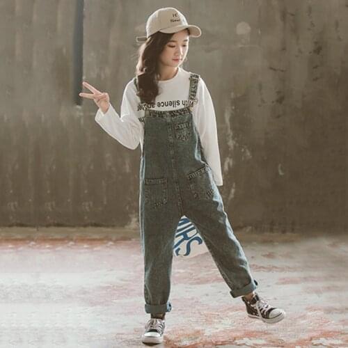 New Arrival Autumn 2020 Korean Style Teen Girls Overall Pants Retro Fashion Kid Girls Denim Pants Loose Casual Jumpsuits, #8952