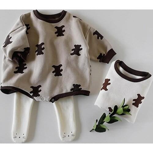 Newborn Baby Clothes Boy Romper Bear Print Long Sleeve Pullover Cotton Soft Cartoon Cute Infant Bodysuit Outwear Girl Clothing