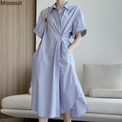 Single Breasted Stylish Women Shirt Dress Summer Short Sleeve Turn-down Collar Long Dresses Solid Fashion Workwear Vestidos