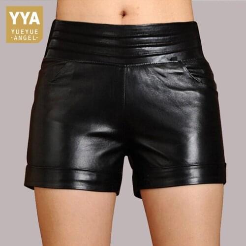 Autumn Winter High Waist Leather Shorts Women Genuine Sheepskin Casual Shorts Sexy Ladies Plus Size Black Real Leather Shorts