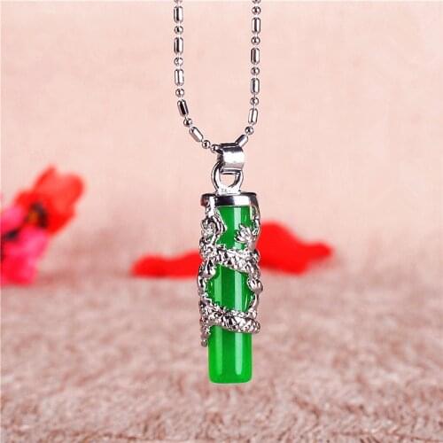 Natural Green Jade Dragon Pillar Pendant 925 Silver Necklace Carved Charm Jewelry Fashion Accessories Amulet for Men Women Gifts