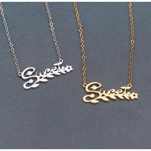 Letter Sweet and Leaf Branch Necklace Women Men Best Friends Gift Curb Chain Choker Kpop Jewelry Stainless Steel Collier Femme