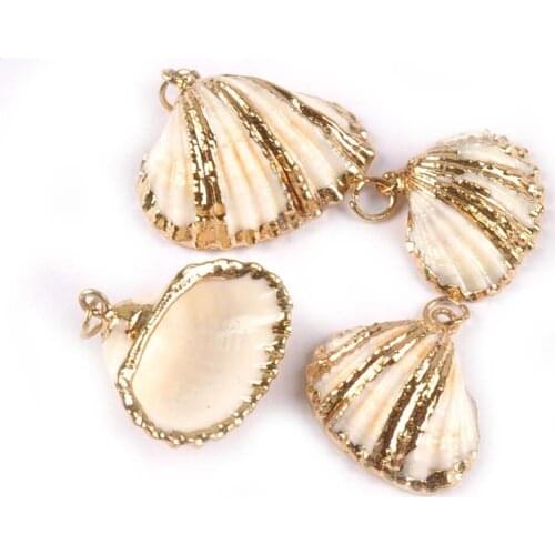 Gold Plated Threaded Seashells For DIY Handmade Pendant Earring Charms Natural Striated Shell Natural Home Decor 5pcs TR0268