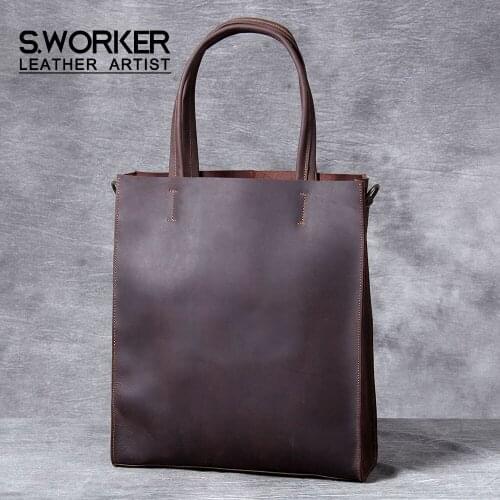 S.WORKER Vintage Genuine Leather Tote Bag Mens Minimalist Casual Shoulder Bag Crazy Horse Cowhide Crossbody Bag Shopping Bag