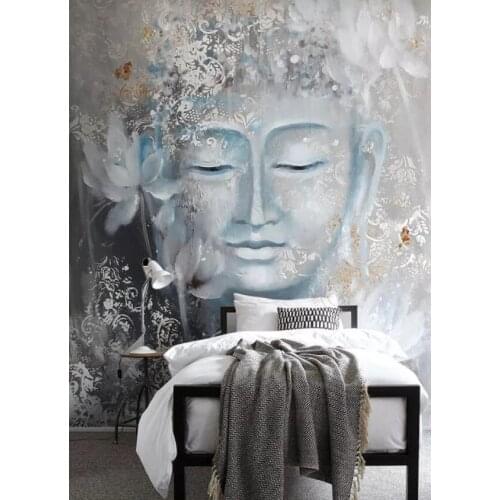 Custom Size Photo hand-painted murals Self Adhesive wallpaper nostalgic Buddha lotus porch setting wall decoration Waterproof