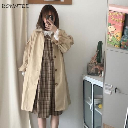 Trench Women Long Coats Loose Simple Harajuku Streetwear New All-match Chic Daily Windbreaker Classic All-match Preppy Style Ins