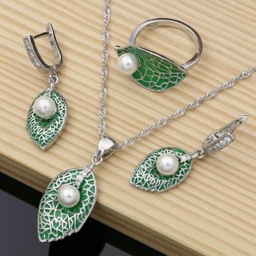 Green Leaves Enamel Earrings 925 Sterling Silver Pearl Jewelry Sets Women Fine Jewelry Handmade Jewellry Dropshipping
