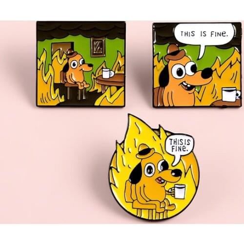 Yellow Anime Cartoon "This Is Fine" Hound Dog Chair Comic Brooch Animals Flames Enamel Pins Fashion Cute Bag Backpack Jewelry