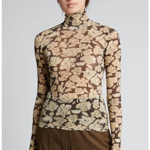 Vintage Style Base Shirt Spring And Summer 2021 Womens Printed High Collar Long Sleeve Slim Thin Top