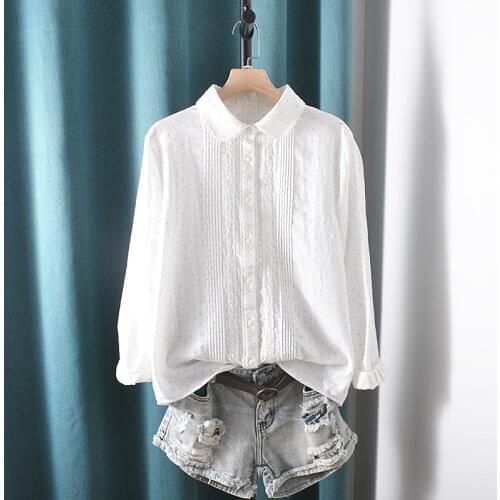 Lamtrip Unique Lace Pleated Peter Pan Collar Polka Dots Cotton Yarn Kawaii Shirt Blouse 2021 Spring