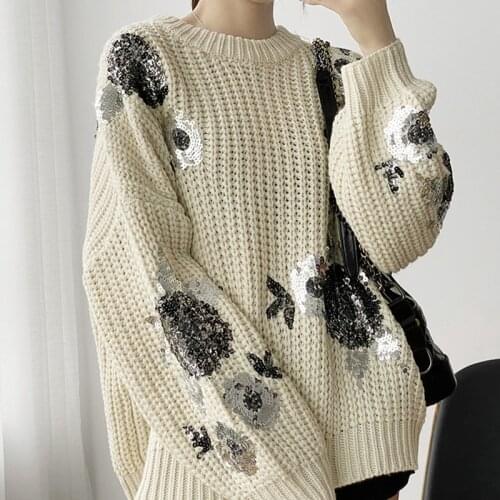 2020 Sequined Woman Sweaters Knitted Autumn Casual O-neck Pull Femme Lantern Long Sleeve Warm Black Pull Femme Hiver
