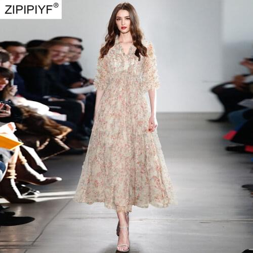 2021 Summer Runway Fashion V Neck Half Flare Sleeve High Waist Floral Printing Ball Gown Ruffles Bohemian Women Dresses Z363