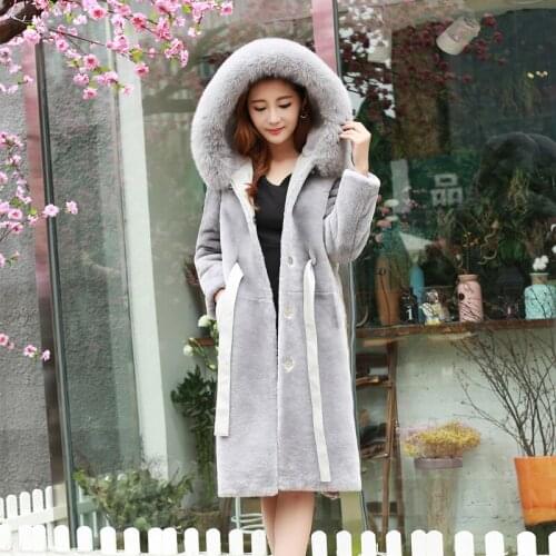Real Sheep skin fur integral overcoat 2019 womens winter thick large fox fur collar hooded long outerwear coats fashion jacket