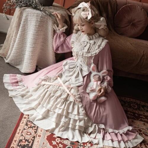 Spring New Lolita Op Long Sleeve Pink Lovely Loli Sweet Kawaii Girl Anime Gothic Palace Princess Tea Party Cosplay Women Dresses