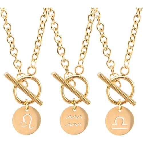 12 Zodiac Sign Women Necklace Constellation Pendant Charm Stainless Steel Gold Toggle clasp cable Chain Necklace Jewelry Gift