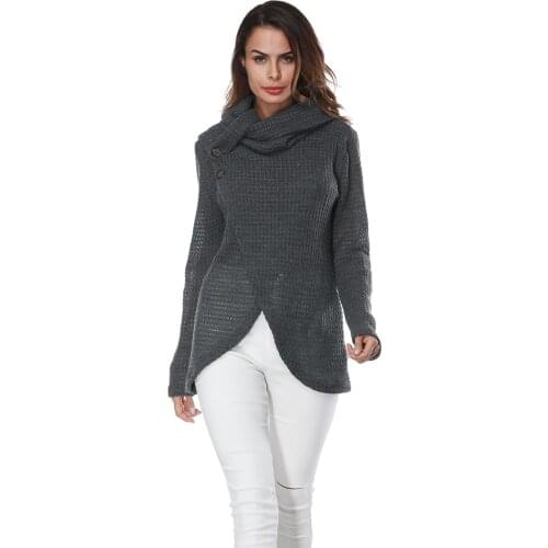 2018 Four Colors Fashion High Collar Pure Color Casual Women Sweaters Two Buttons Long Sleeve Cross Irregular Knitted Sweater