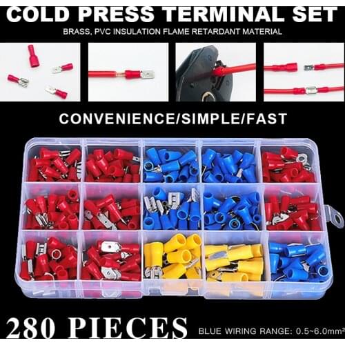 280pcs RV SV FDD MDD red blue yellow Cold pressed terminal O type circular pre insulated terminal wire nose cable size 0.5-6mm