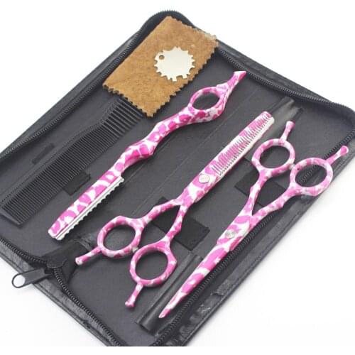 5.5 inch pink leopard print Hairdressing Scissors JP 440C Barbers Cutting + Thinning + Shaving + bag Shears Hair Scissors