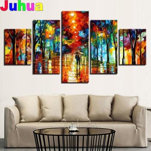 5d diamond painting full square/round 5 Pieces Abstract Color Tree Pictures Walking In The Rain Painting 3D Diamond Embroidery