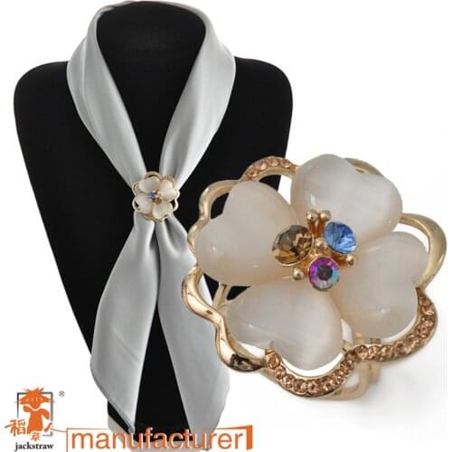 2018 Fashion Opal flower Silk Scarf Buckle Spring and Wholesale Rhinestone Flower Shaped Brooch for girl women party
