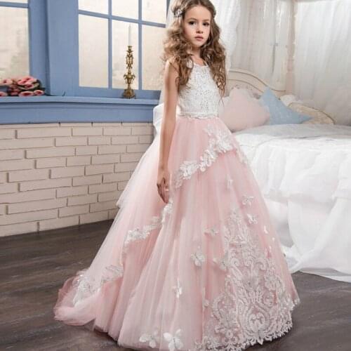 Flower Girls New Pink Butterfly Lace Sleeveless Flower Childrens Wedding Garment Flower Mesh Dress for Girls'Banquet Vestido