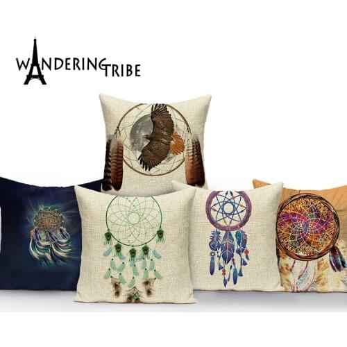 Feather Dream Catcher Pattern Throw Pillow Cushion Cover Wind Chimes Care Home Decor Sofa Bed Wolf Decorative Pillowcase Cojines