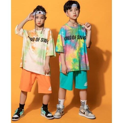 Kids Competitions Hip Hop Clothing Tie dye Tops Tshirt Streetwear Shorts For Girls Boys Dance Wear Costume Clothes Set