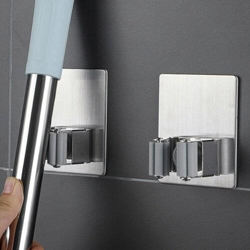 Stainless Steel Strong Seamless Nail-free Mop Clip Reusable Wall Hanging Mop Hook For Kitchen Bathroom Living Room Mop Clip