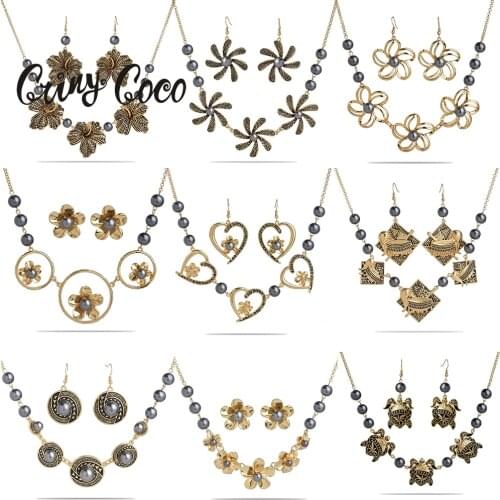Cring Coco Hawaiian Polynesian Jewelry Sets Women Fashion Gold Plated Plumeria Heart Turtle Beads Chains Necklace Drop Earrings