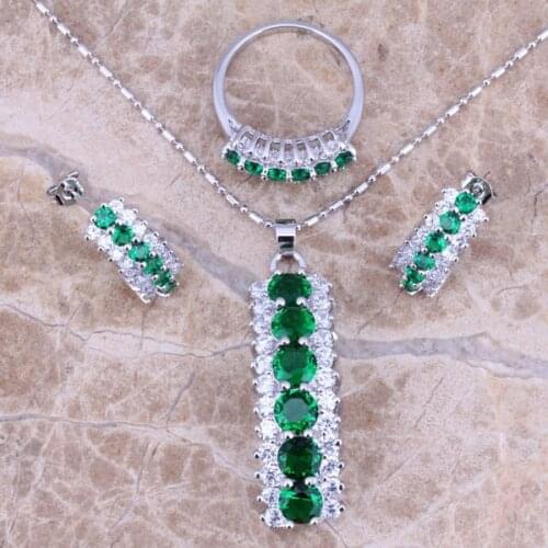 Rare Green Cubic Zirconia White CZ Silver Plated Jewelry Sets Earrings Pendant Ring Size 5 / 6 / 7 / 8 / 9 / 10 / 11 S0153