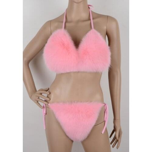 Fur Bikini Bra Sets Women Real Whole Fox Fur Sexy Underwear Fluffy Soft Detachable fox fur 10Colors