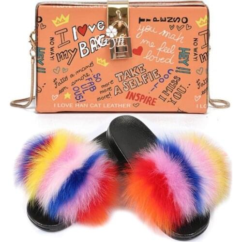 Summer Womens Fox Fur Slippers Chain Shoulder Bag Shoes Sets Ladies Furry Slides Jelly Graffiti Purses Female Sandals Handbag