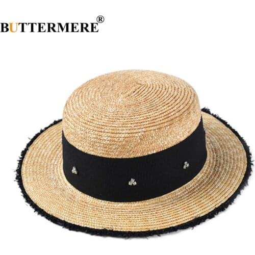 BUTTERMERE Summer Straw Hat Women Rhinestone Beach Sun Caps Ladies Beige Fashion Decorate Brand Female UV Protection Sun Hat