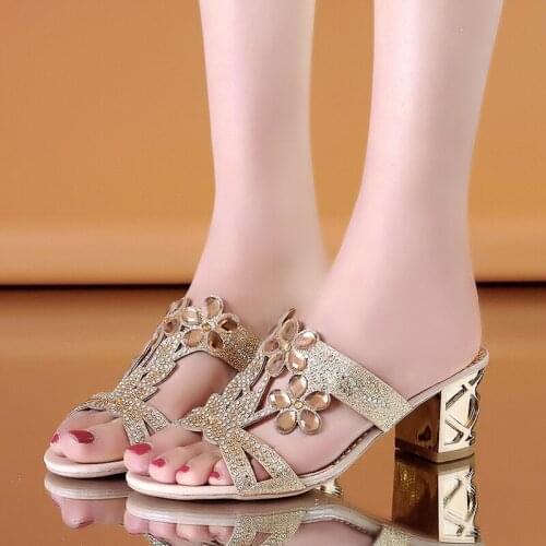 Fashion High-heeled Shoes Summer Sexy Comfy Rhinestone Womans Peep Toe Shoes 2021 Newest Non-slip Wear Resitant Ladies Mules