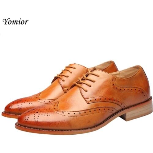 Yomior New Men Shoes England Business Casual Formal Handmade Genuine Leather Brogue Shoes Vintage Fashion Dress Wedding Shoes