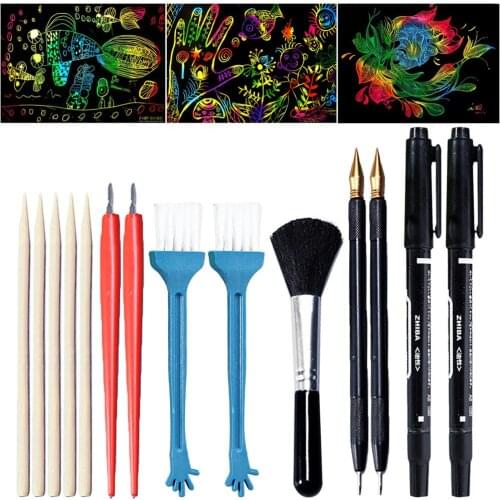 14Pcs Scratch Tools Set with Bamboo Sticks Scraper Repair Scratch Pen Black Brush Painting Toys Kids Children Birthday Gifts