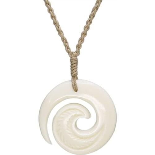 NGX018 Hawaii Man Jewelry New Zealand Maori Tribes Pendant Yak Bone Koru Spiral Womens Hemp Rope Weaving Surfing Necklace